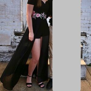 B Darlin Black One-Shoulder Dress with Pink Floral Embroidery Formal Prom
